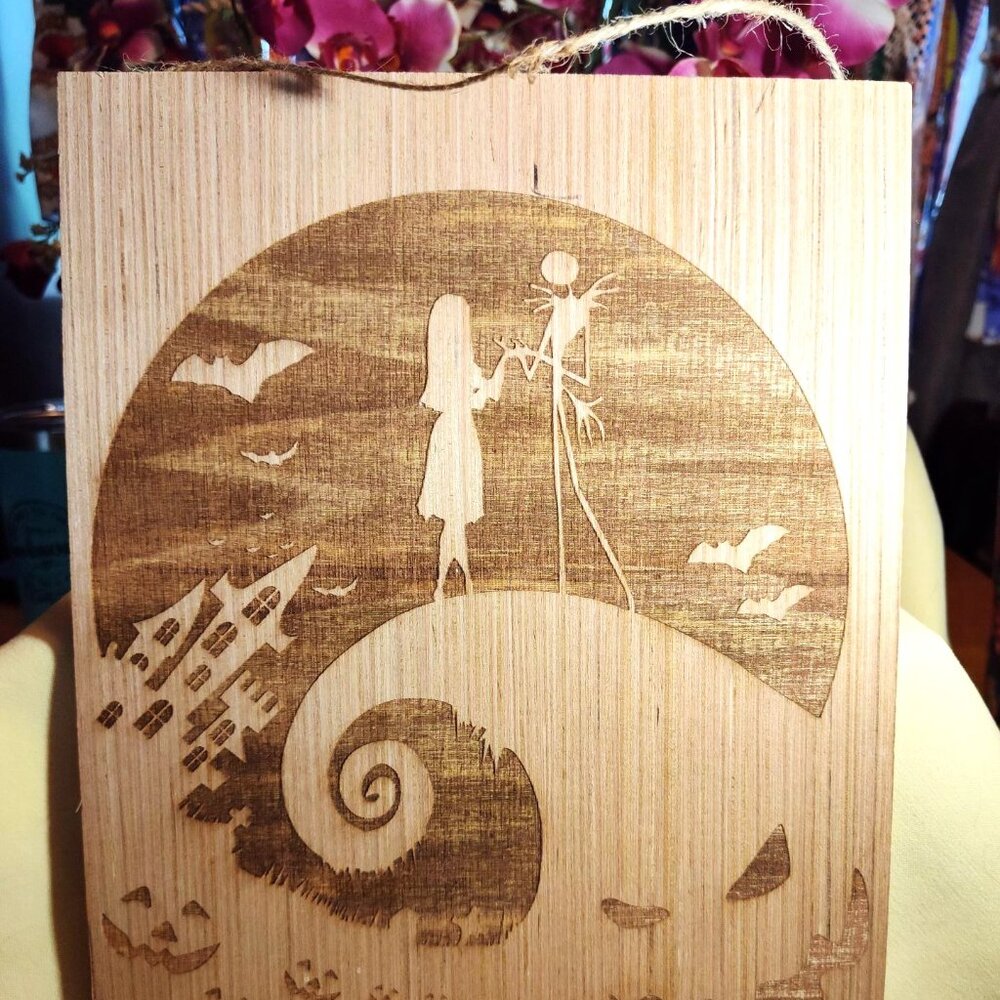 Handmade Nightmare B4 Christmas Jack and Sally ring proposal wood burned art